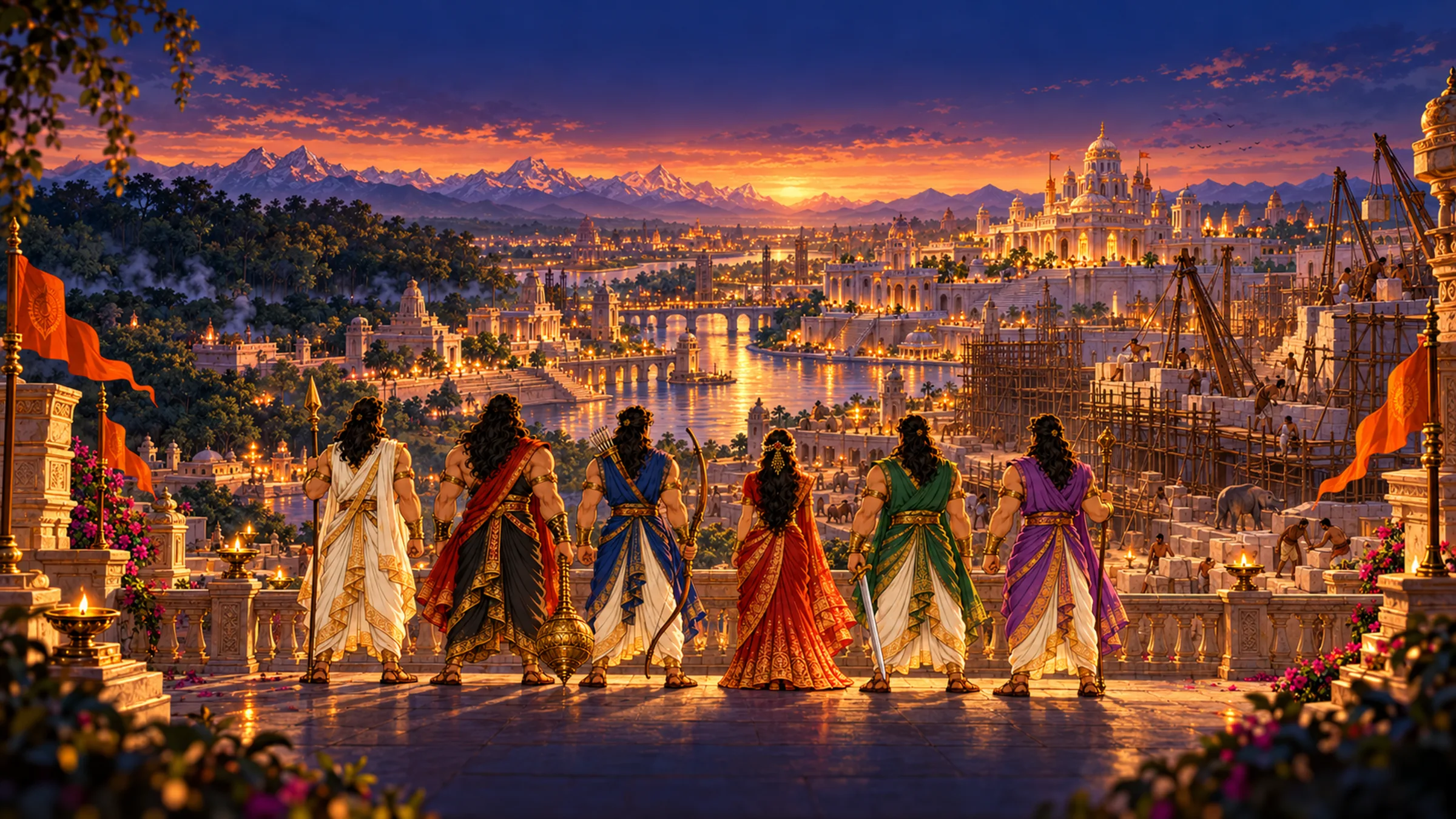 The five Pandavas and Draupadi on a terrace at dusk, looking over Indraprastha as it is built